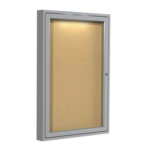 Ghent 24" x 36" 1-Door Aluminum Frame Enclosed Natural Cork Tackboard w/ Concealed Lighting