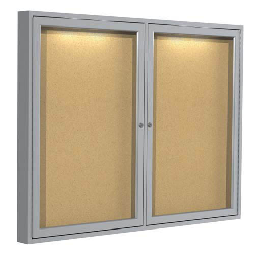 Ghent 6" x 36" 2-Door Aluminum Frame Enclosed Natural Cork Tackboard w/ Concealed Lighting