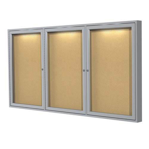 Ghent 72" x 36" 3-Door Aluminum Frame Enclosed Natural Cork Tackboard w/ Concealed Lighting