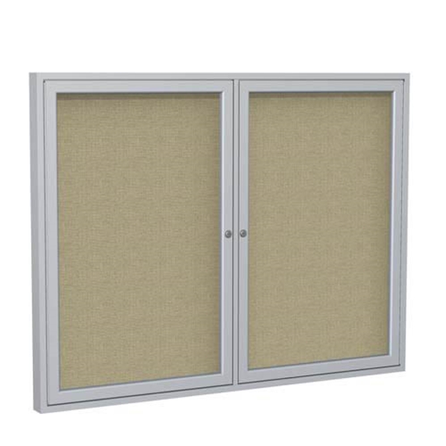 Ghent 6" x 36" 2-Door Satin Aluminum Frame Enclosed Fabric Tackboard - Beige
