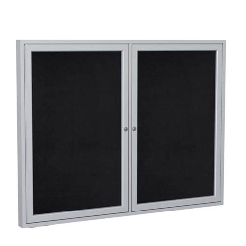 Ghent 6" x 36" 2-Door Satin Aluminum Frame Enclosed Recycled Rubber Tackboard - Black