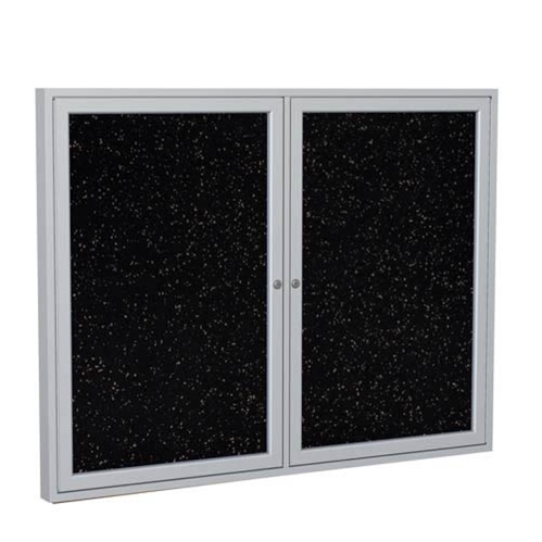 Ghent 6" x 36" 2-Door Satin Aluminum Frame Enclosed Recycled Rubber Tackboard - Tan Speckled