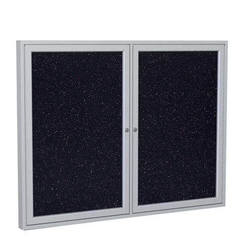 Ghent 6" x 48" 2-Door Satin Aluminum Frame Enclosed Recycled Rubber Tackboard - Confetti