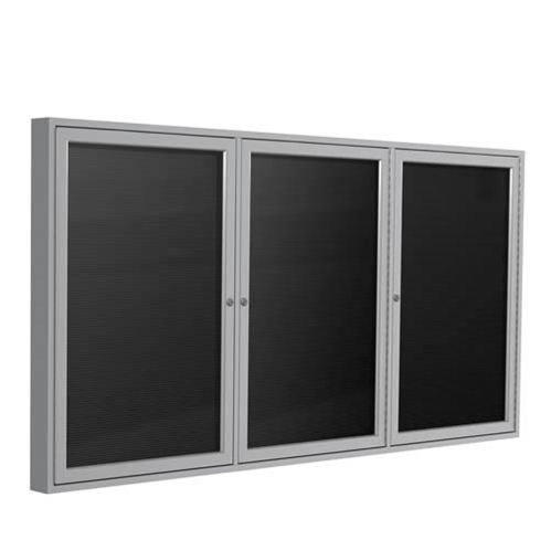 Ghent 72" x 36" 3-Door Satin Aluminum Frame Enclosed Flannel Letterboard - Black