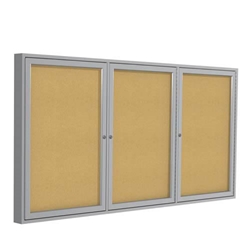Ghent 72" x 36" 3-Door Satin Aluminum Frame Enclosed Tackboard - Natural Cork