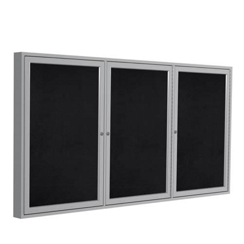 Ghent 72" x 36" 3-Door Satin Aluminum Frame Enclosed Recycled Rubber Tackboard - Black