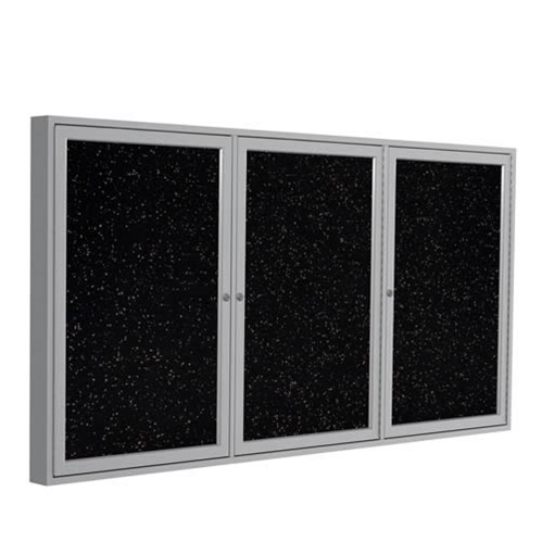 Ghent 72" x 36" 3-Door Satin Aluminum Frame Enclosed Recycled Rubber Tackboard - Tan Speckled