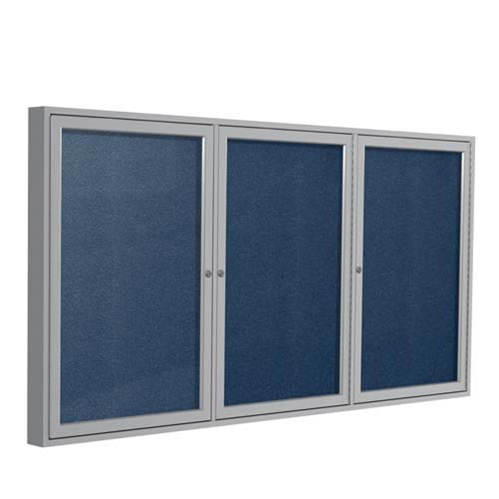 Ghent 72" x 36" 3-Door Satin Aluminum Frame Enclosed Vinyl Tackboard - Navy