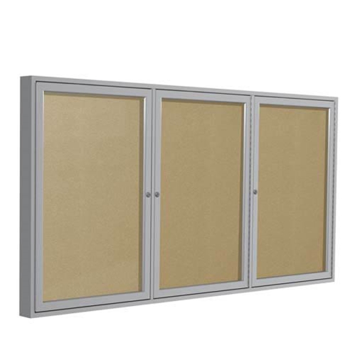 Ghent 72" x 48" 3-Door Satin Aluminum Frame Enclosed Vinyl Tackboard - Caramel
