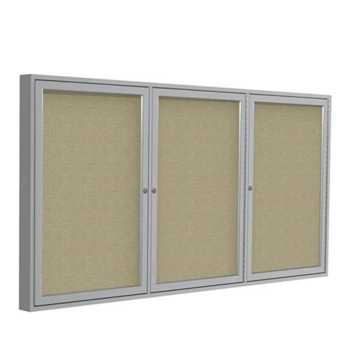 Ghent 96" x 48" 3-Door Satin Aluminum Frame Enclosed Fabric Tackboard - Beige