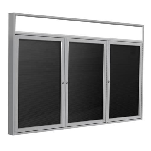 Ghent 72" x 36" 3-Door Satin Alum Frame w/ Headliner Enclosed Flannel Letterboard - Black