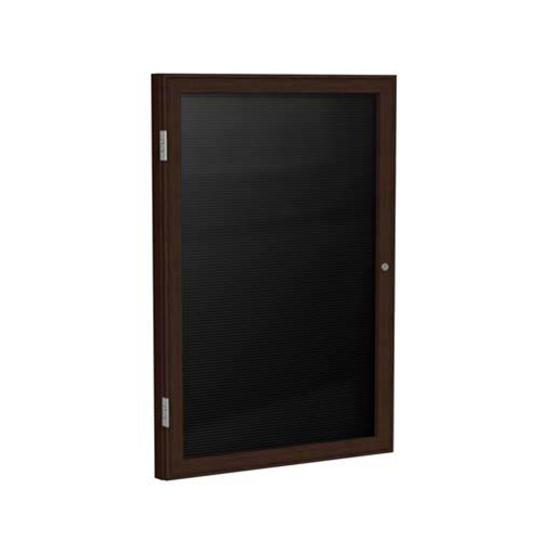 Ghent 18" x 24" 1-Door Wood Frame Walnut Finish Enclosed Flannel Letterboard - Black