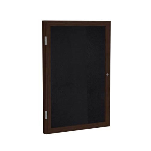 Ghent 24" x 36" 1-Door Wood Frame Walnut Finish Enclosed Recycled Rubber Tackboard - Black