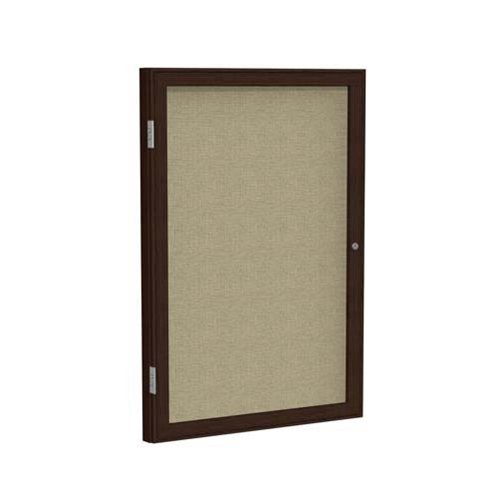 Ghent 36" x 36" 1-Door Wood Frame Walnut Finish Enclosed Fabric Tackboard - Beige