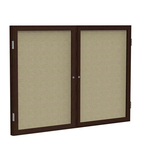 Ghent 48" x 36" 2-Door Wood Frame Walnut Finish Enclosed Fabric Tackboard - Beige