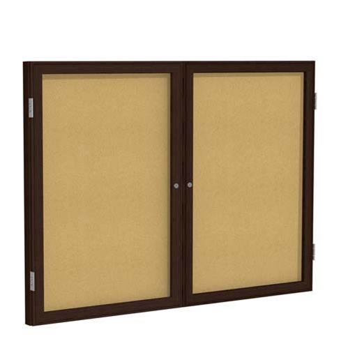 Ghent 48" x 36" 2-Door Wood Frame Walnut Finish Enclosed Tackboard - Natural Cork