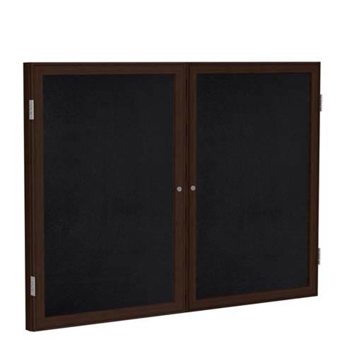 Ghent 6" x 36" 2-Door Wood Frame Walnut Finish Enclosed Recycled Rubber Tackboard - Black
