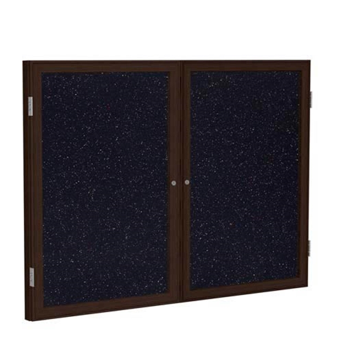 Ghent 6" x 36" 2-Door Wood Frame Walnut Finish Enclosed Recycled Rubber Tackboard - Confetti