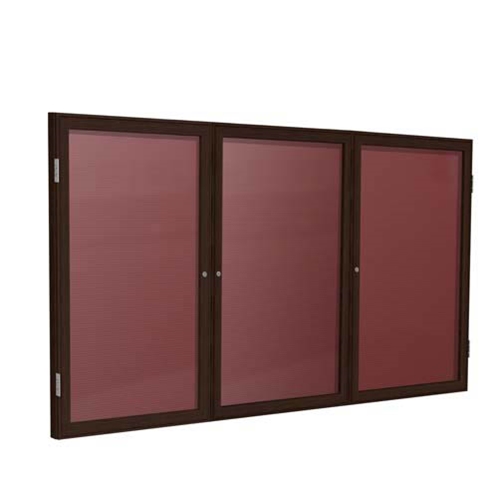 Ghent 72" x 36" 3-Door Wood Frame Walnut Finish Enclosed Flannel Letterboard - Burgundy