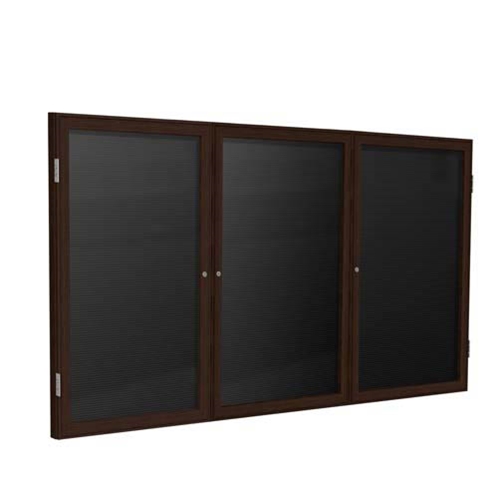 Ghent 72" x 36" 3-Door Wood Frame Walnut Finish Enclosed Flannel Letterboard - Black