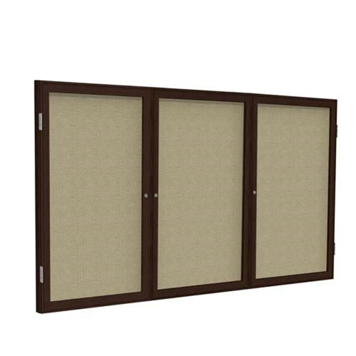 Ghent 72" x 36" 3-Door Wood Frame Walnut Finish Enclosed Fabric Tackboard - Beige