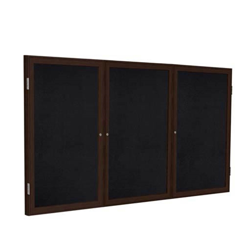Ghent 72" x 36" 3-Door Wood Frame Walnut Finish Enclosed Recycled Rubber Tackboard - Black