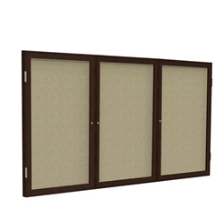 Ghent 96" x 48" 3-Door Wood Frame Walnut Finish Enclosed Fabric Tackboard - Beige