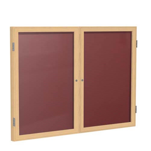 Ghent 48" x 36" 2-Door Wood Frame Oak Finish Enclosed Flannel Letterboard - Burgundy