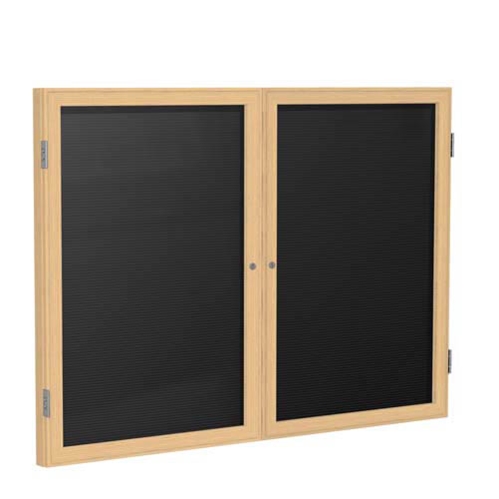 Ghent 6" x 36" 2-Door Wood Frame Oak Finish Enclosed Flannel Letterboard - Black