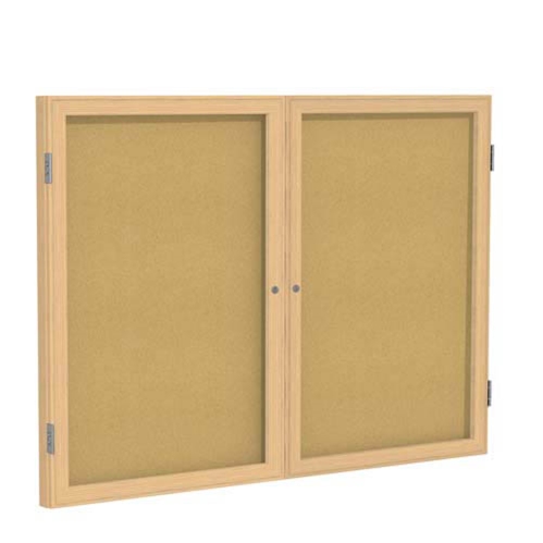 Ghent 6" x 36" 2-Door Wood Frame Oak Finish Enclosed Tackboard - Natural Cork