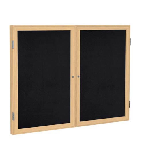Ghent 6" x 36" 2-Door Wood Frame Oak Finish Enclosed Recycled Rubber Tackboard - Black