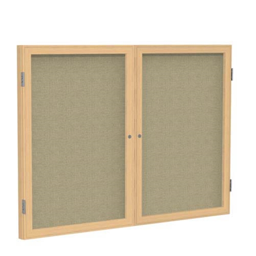 Ghent 6" x 48" 2-Door Wood Frame Oak Finish Enclosed Fabric Tackboard - Beige
