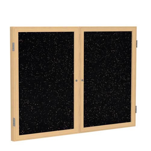 Ghent 6" x 48" 2-Door Wood Frame Oak Finish Enclosed Recycled Rubber Tackboard - Tan Speckled