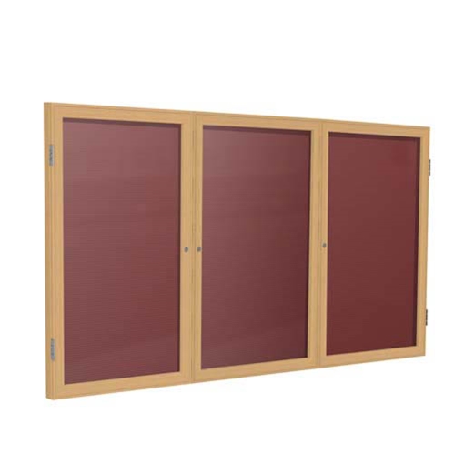 Ghent 72" x 36" 3-Door Wood Frame Oak Finish Enclosed Flannel Letterboard - Burgundy