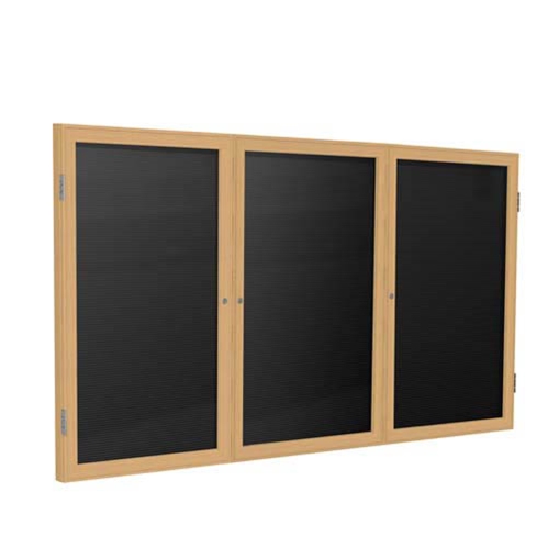 Ghent 72" x 36" 3-Door Wood Frame Oak Finish Enclosed Flannel Letterboard - Black
