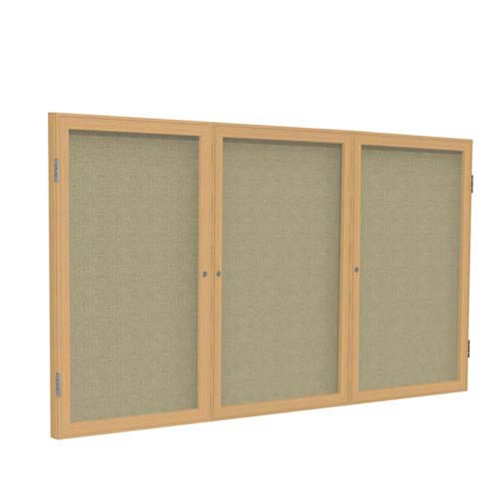 Ghent 72" x 36" 3-Door Wood Frame Oak Finish Enclosed Fabric Tackboard - Beige