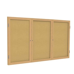 Ghent 72" x 36" 3-Door Wood Frame Oak Finish Enclosed Tackboard - Natural Cork