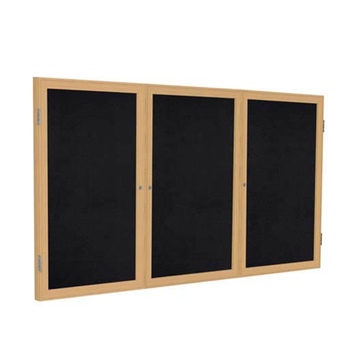 Ghent 72" x 36" 3-Door Wood Frame Oak Finish Enclosed Recycled Rubber Tackboard - Black