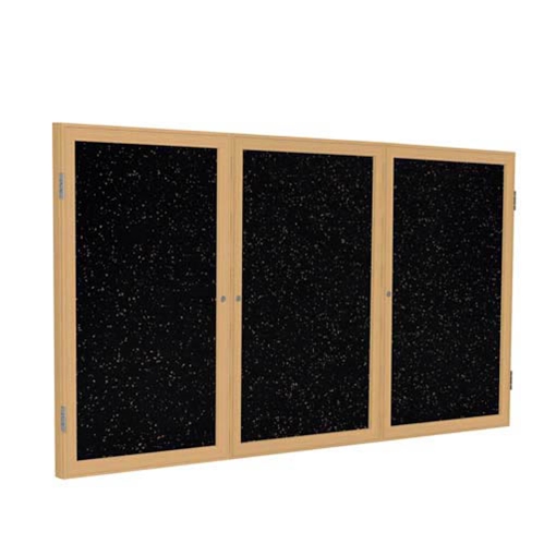 Ghent 72" x 48" 3-Door Wood Frame Oak Finish Enclosed Recycled Rubber Tackboard - Tan Speckled
