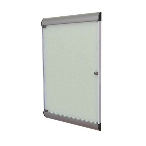 Ghent 26.5" x 42.125" 1-Door Silhouette Enclosed Tackboard, Satin Frame w/ Vinyl Fabric - Silver