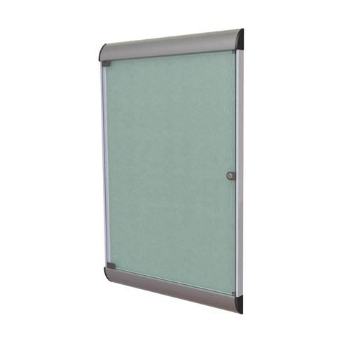Ghent 26.5" x 42.125" 1-Door Silhouette Enclosed Tackboard, Satin Frame w/ Vinyl Fabric - Stone